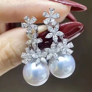 White Pearl Floral Silver Earrings